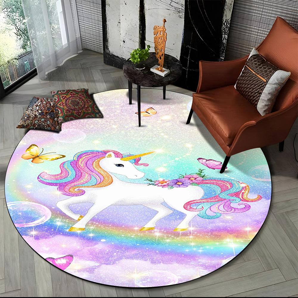 Unicorn Cartoon Animal Round Carpet Rug for Living Room Children's Bedroom Sofa Decor,Kid Paly Game Area Rug Non-slip Floor Mat