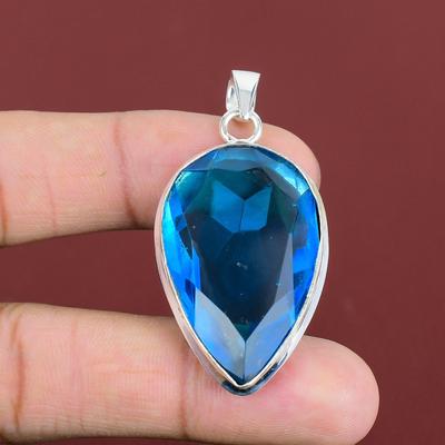 Faceted Swiss Blue Topaz Pendant Gemstone Pendant Handmade Jewelry 925 Sterling Silver Pendant Dainty Pendant Gift For Dad Statement Jewelry