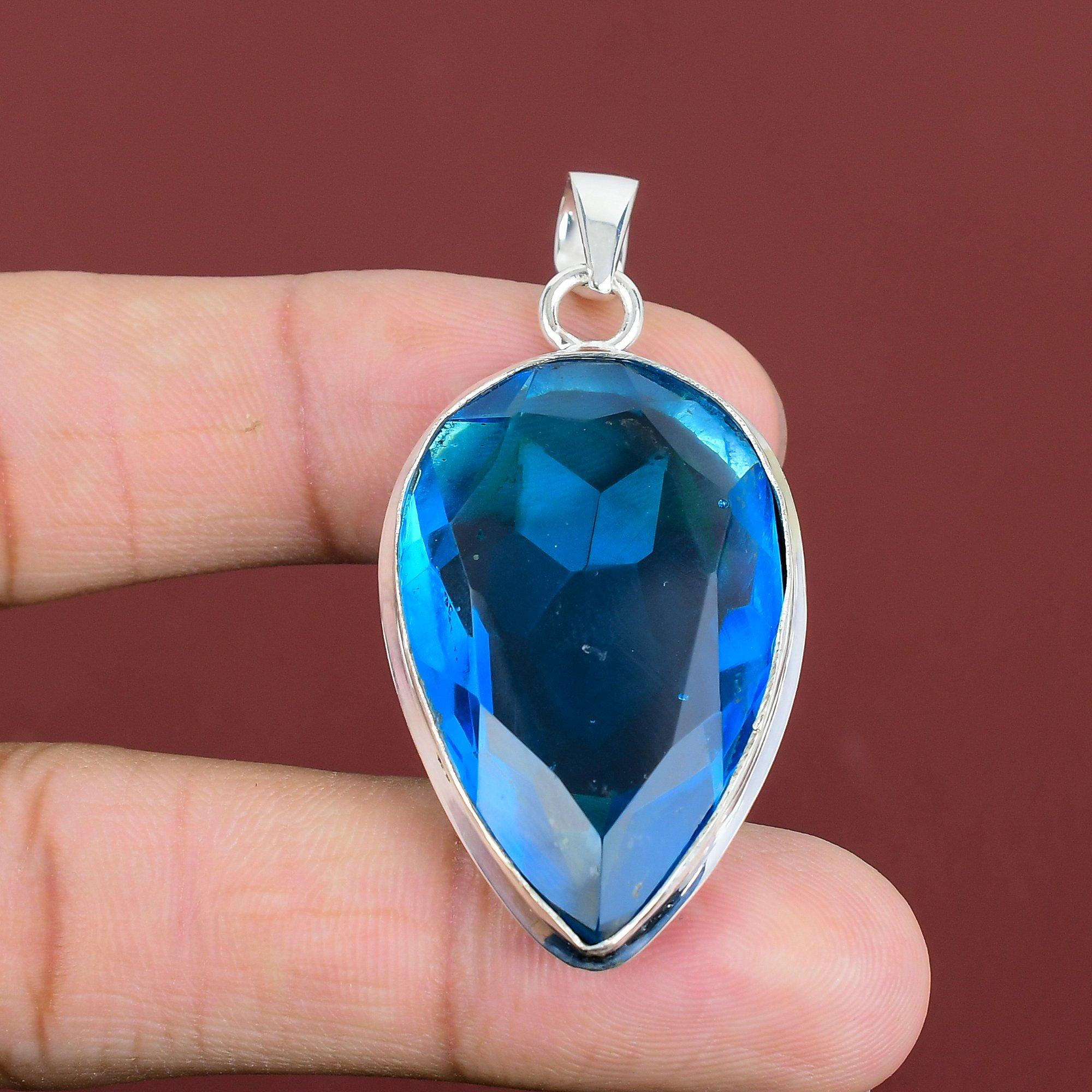 

Подвеска с ограненным швейцарским голубым топазом, драгоценный камень, ювелирное изделие ручной работы, кулон из стерлингового серебра 925 пробы, изящная подвеска, подарок для папы, ювелирное украшение