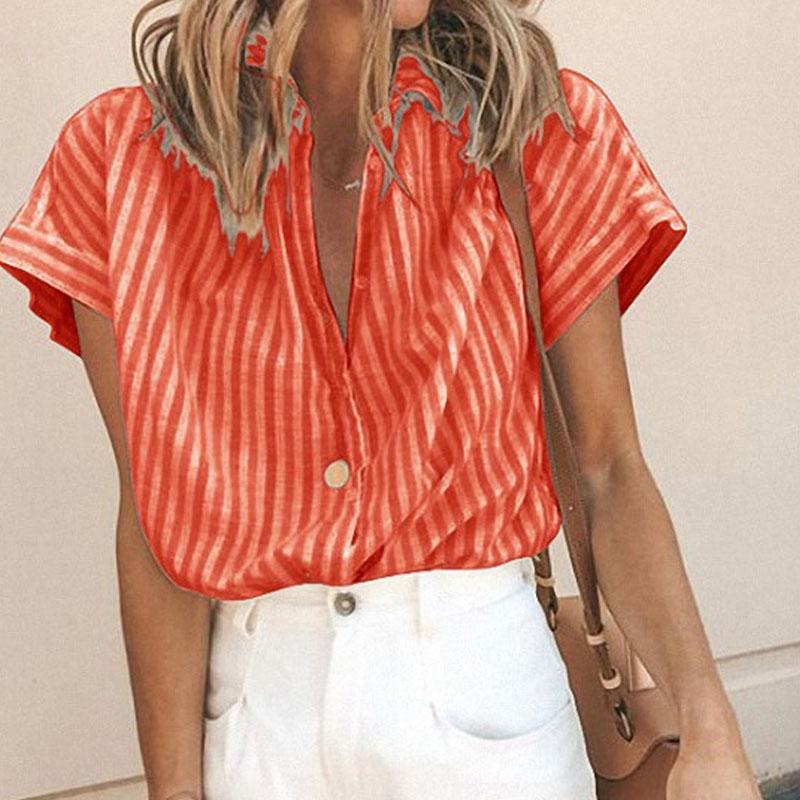 Summer loose striped shirt women's short-sleeved lapel vertical pattern cardigan women's blouse casual 2021
