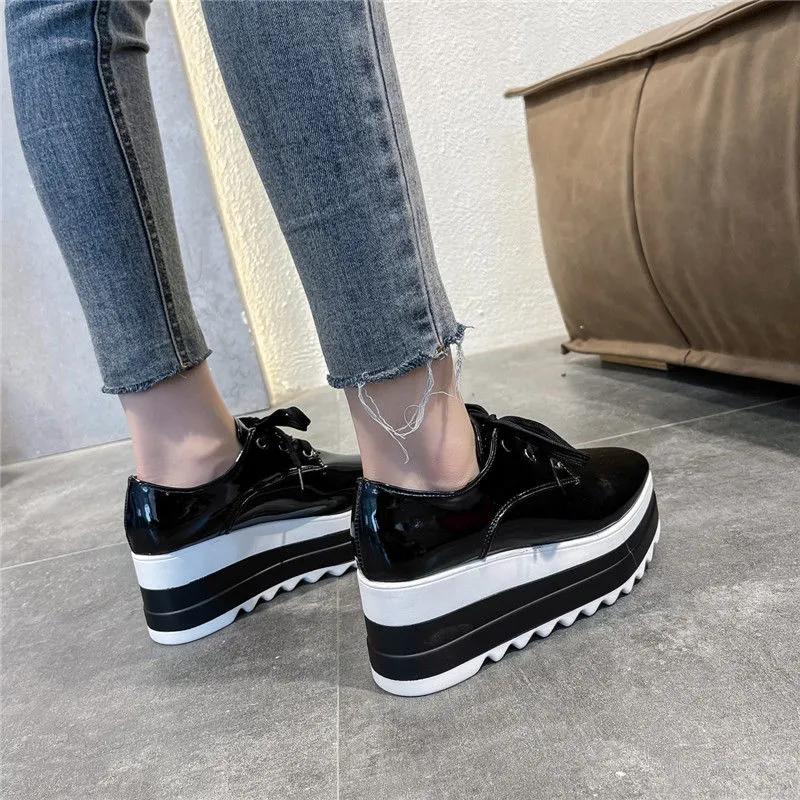 Women's 41-Size British-Style Patent Leather Lace-Up Loafers - Wedge-Heeled Platform, Thick-Soled