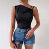 Women Black Sleeveless Oblique Shoulder Metal Buckle Slim Waist Fitted Bodysuit