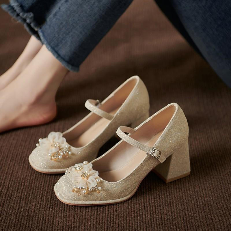Fashion Spring New Coarse Heel Single Shoes Women's Square Head Shallow Mouth Flower Anti-slip Wear-resistant High Heels