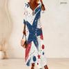 Women Plus Size V Neck Three Quarter Sleeve Star Printed White Red Blue Long Dress