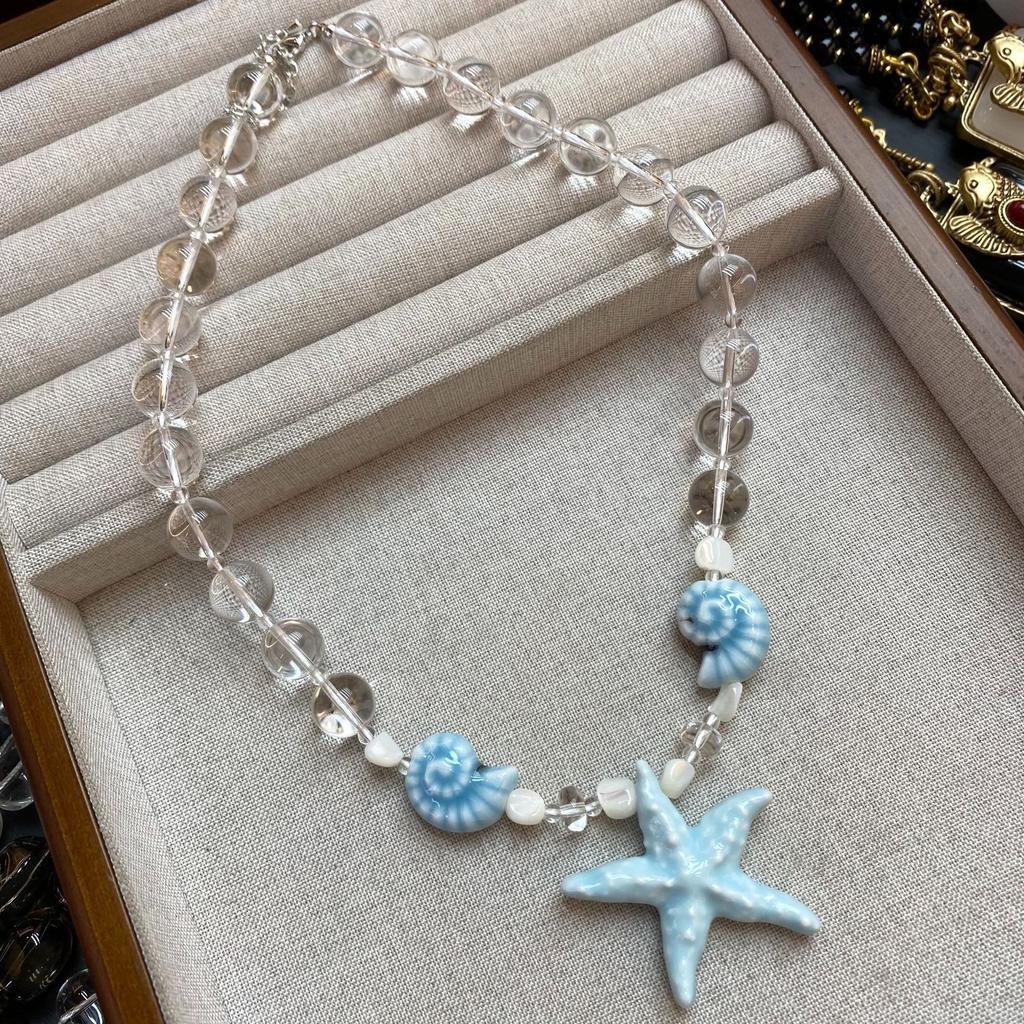 Dopamine 12M White Crystal Splicing Shell Starfish Beaded Necklace Summer Seaside Vacation Wind Temperament Sweet Item