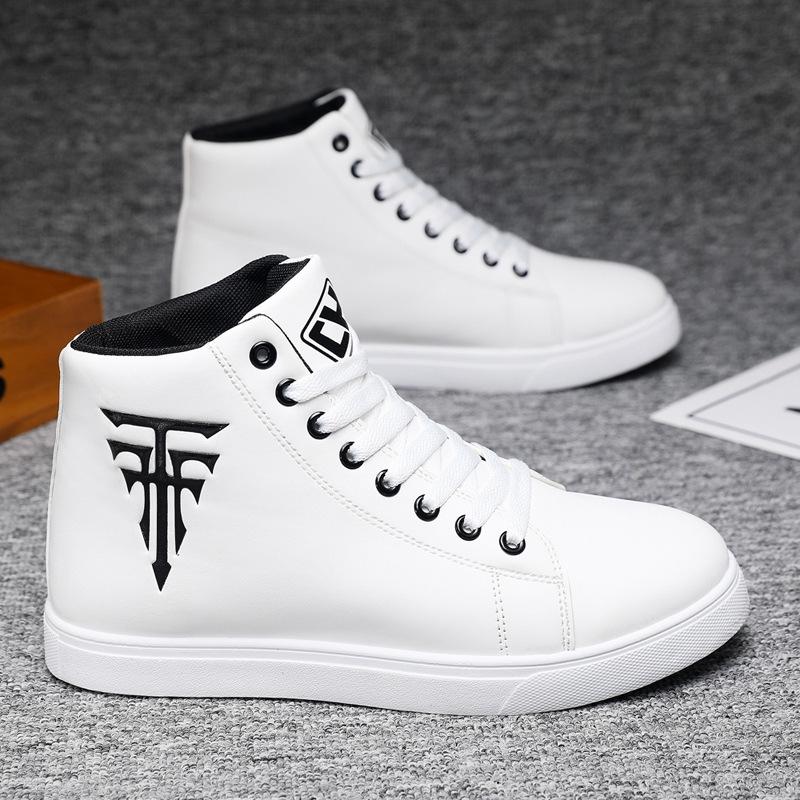 "Men's Large Size High-Top Waterproof Leather Sneakers, Non-Slip, Fashionable White, Size 48, Ideal for Spring and Autumn."