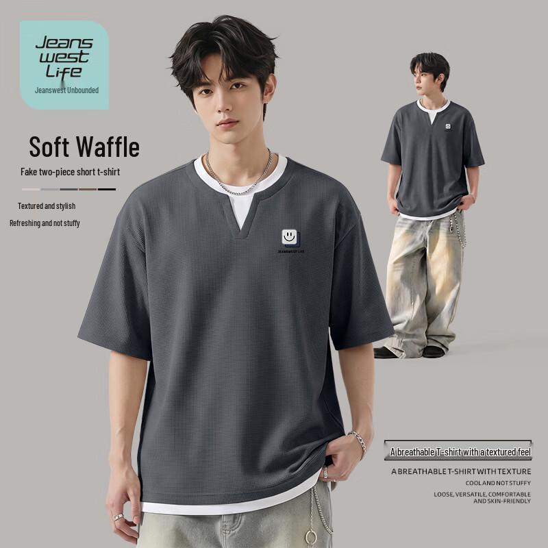 JEANSWEST LIFE Men s Faux Two-Piece Drop Shoulder T-Shirt M