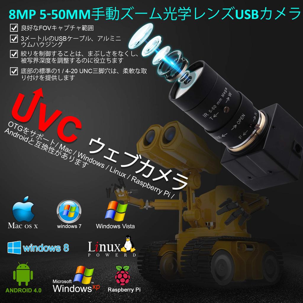 ELP 8MP Webcam with Manual Variable Focus HD 8MP Zoom USB CMOS USB Webcam with 8MP USB Varifocal Full HD 2448P USB Webcam Mini Camera 5-50mm Lens,