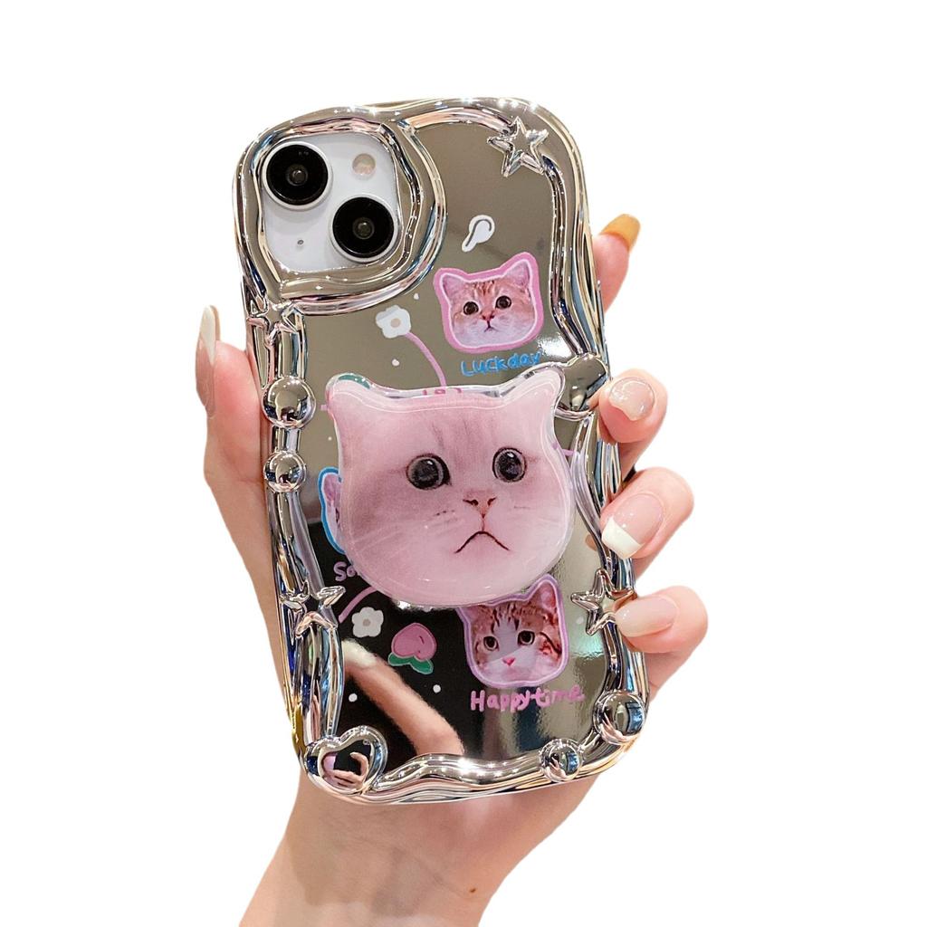 Three Dimensional Wave Electroplating Suitable for Apple 16PRO Cute Cat Phone Case IPhone XR Mirror Flash Drill Soft Case