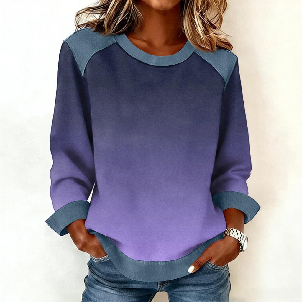 Felpa Casual da Donna con Collo in Denim Patchwork e Cuciture, Maglia a Manica Lunga