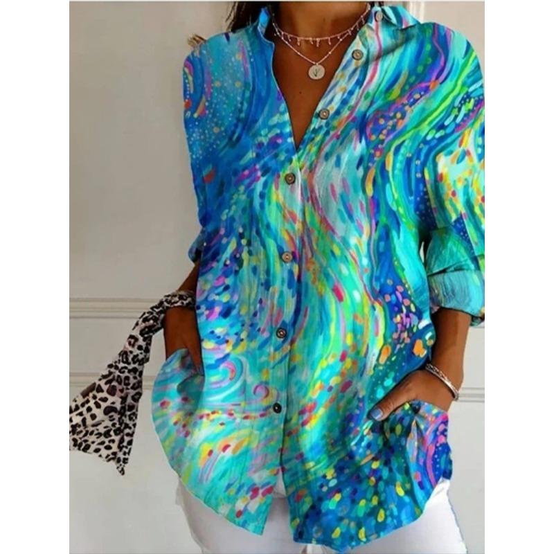 Geometric Print Long Sleeved Lapel Button Women's Shirt High Street Fashion Artistic Retro Style Spring Top