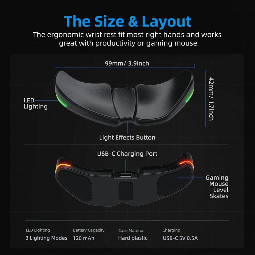 HornsX1 Right-Handed RGB Ergonomic Gliding Palm Rest for Mouse, Wrist Rest Pad, 3 RGB Lighting Modes, Reduce Wrist Pain, Anti-Fatigue, for