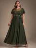 Ever-Pretty Damen Übergröße Perlenbesetztes A-Linien Maxikleid mit Fledermausärmeln Formelles Kleid mit Illusion Halsausschnitt