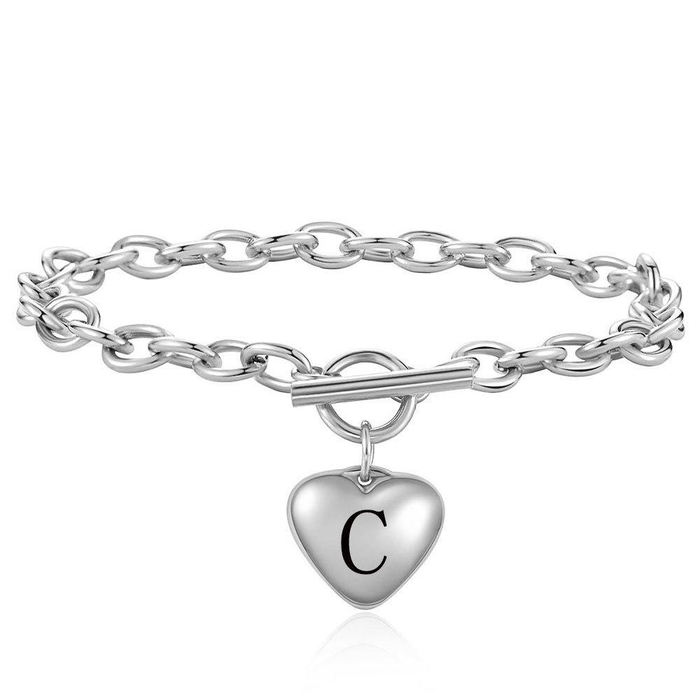 Stainless Steel Heart Bracelet with 26 Letter Pendant and OT Clasp, Customizable Laser Logo
