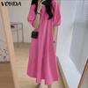 VONDA Elegnat Women Round Neck Batwing Sleeve Baggy Pleated Casual Maxi Dress