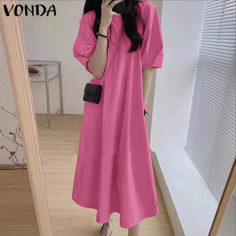 VONDA Elegnat Women Round Neck Batwing Sleeve Baggy Pleated Casual Maxi Dress