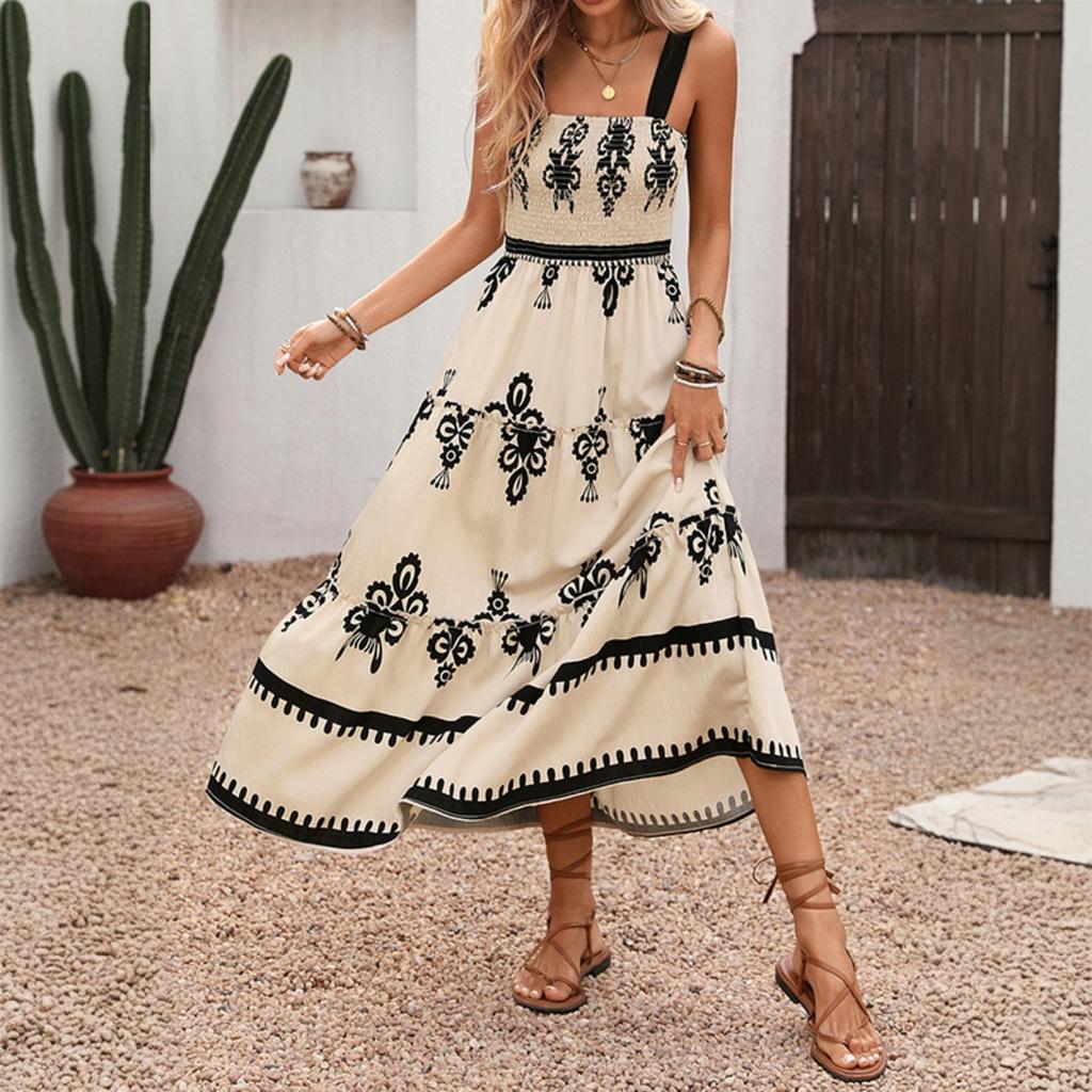 New Vintage Vacation Ethnic Print Suspender Dress European American Style Summer Beach Dress