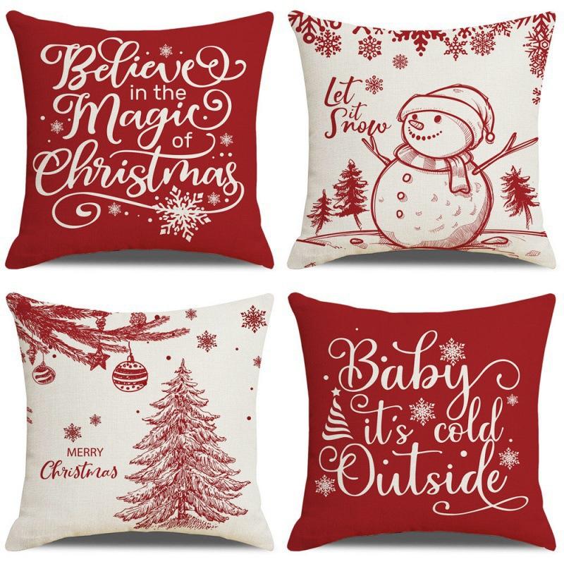 Set of 4 Trendy Christmas Pillow Covers 18x18 Red White Pillowcase Square Xmas Tree Snowflake Pattern Holiday Decor