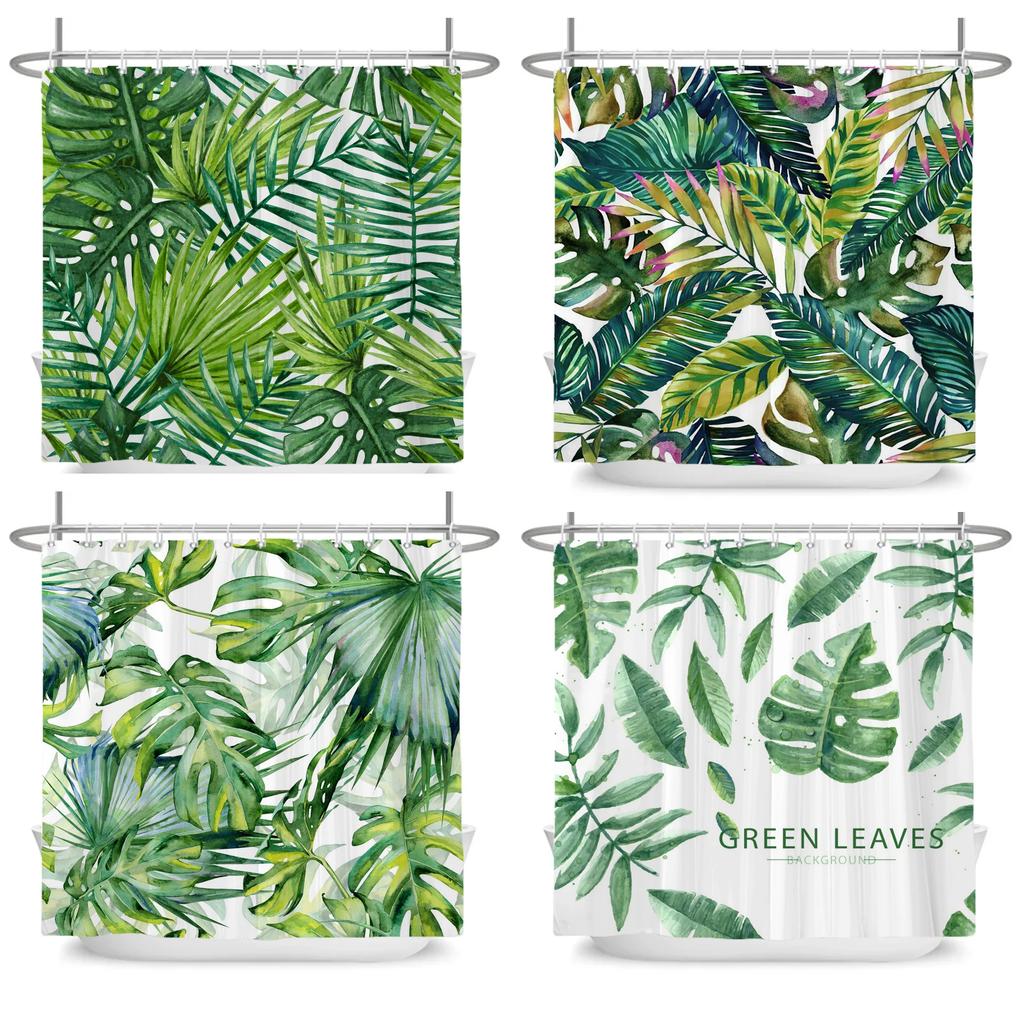 Green Tropical Plants Shower Curtain Bathroom Waterproof Polyester Shower Curtain Leaves Printing Curtains for Bathroom Shower