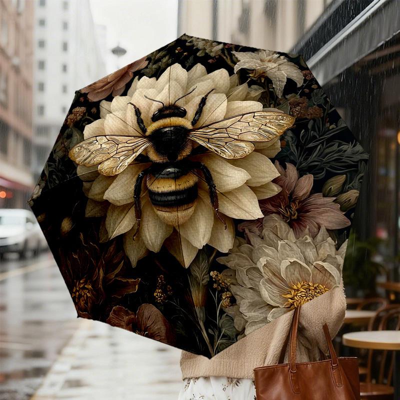 1pc Bee Flowers Automatic Folding Umbrella, Heavy Duty 8 Rib Iron Frame,  Suitable for Travel, Daily Use, Birthday, Decor Gift M0104064