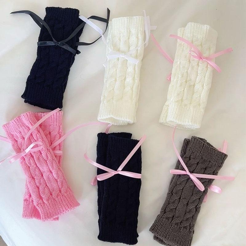 Korean Knitted Gloves Women's Bow Hand Warmer Winter Gloves Fashion Black Pink Knitted Thicken Mitten Fingerless Mittens