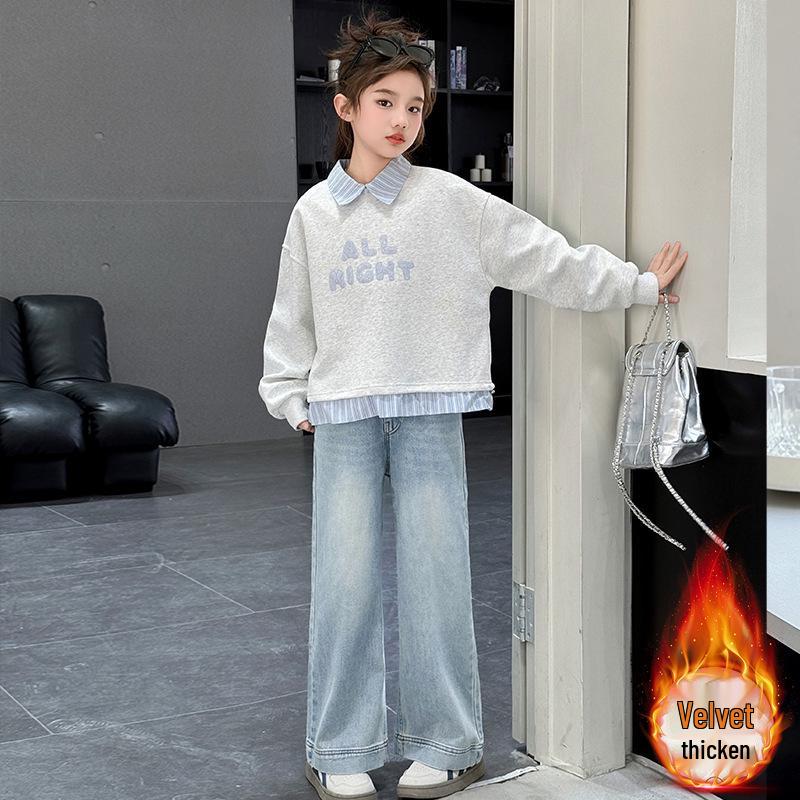 Girls' 2025 Autumn/Winter POLO-Style Two-Piece Sweatshirt for Middle Schoolers