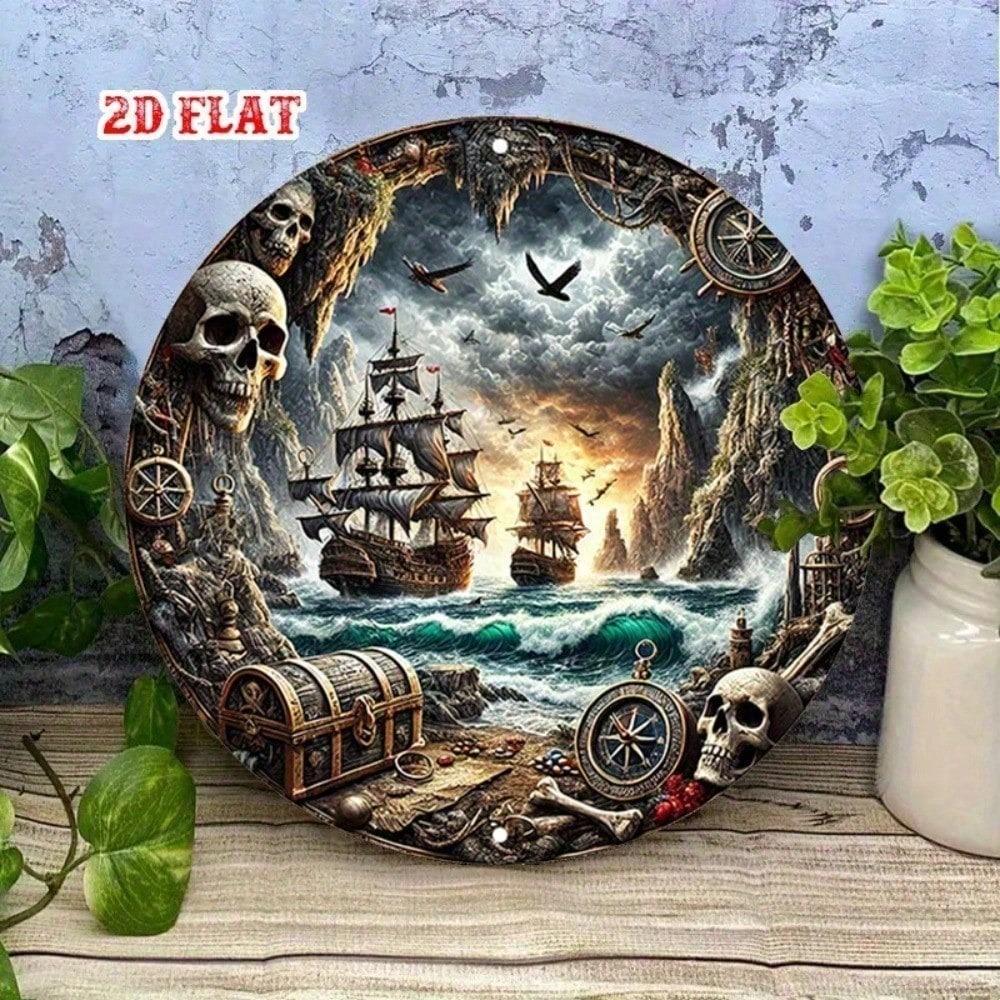 Vintage Rustic Aluminum Pirate Ship Wall Art Home Bar Garage Skull Treasure Map Metal Sign
