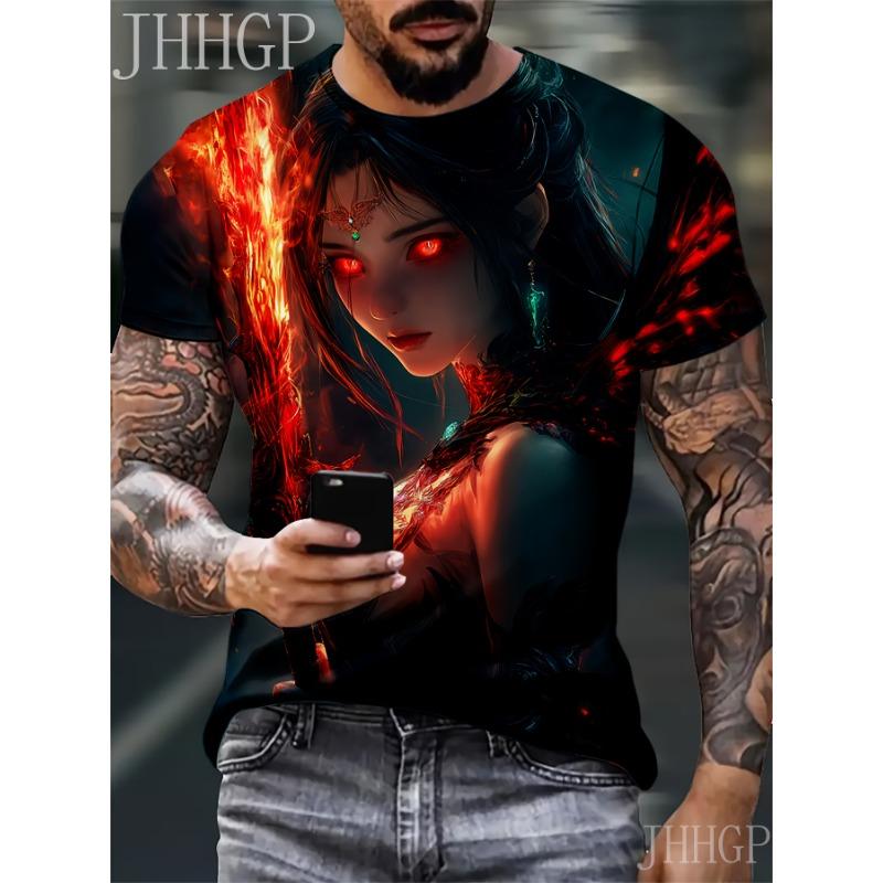 

Plus Size Men s 3D Pretty Woman Print T-Shirt, Casual Crew Neck Short Sleeve T-Shirt with Anime Beauty Design, S