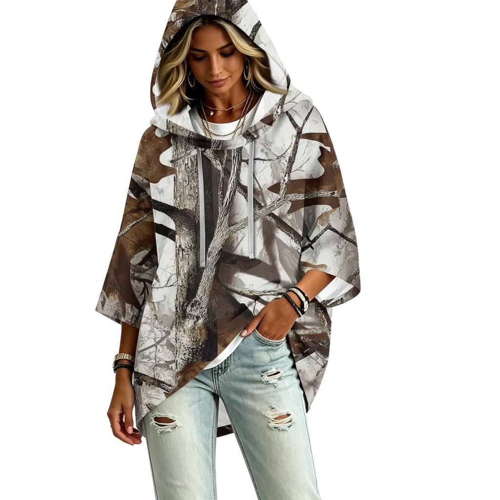 Women's Fashion Three-Quarter Sleeve Leaf Print Hooded Pullover Top