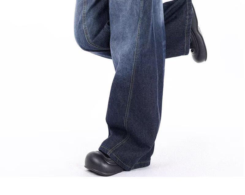 Unisex Vintage Curved-Leg Jeans, Spring/Autumn, High Street Loose Wide-Leg Floor-Length Pants