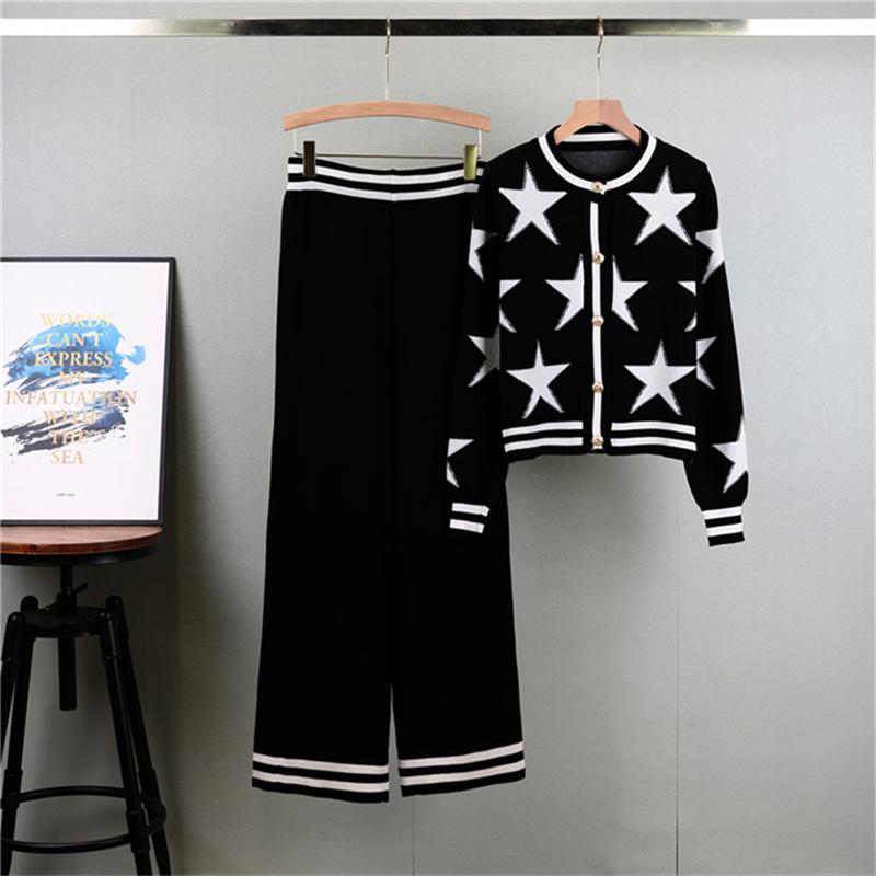 Women's Autumn Fashion Round Neck Knitted Cardigan Set Wide Leg Pants Sports Two Piece Set