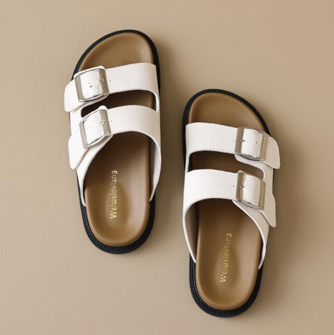 

Fashion Double Belt Buckle Slides Shoes Ladies Casual Slip On Leather Sandals Woman Clogs Pantuflas Barefoot Flipflops Femmes Slippers 35 белый
