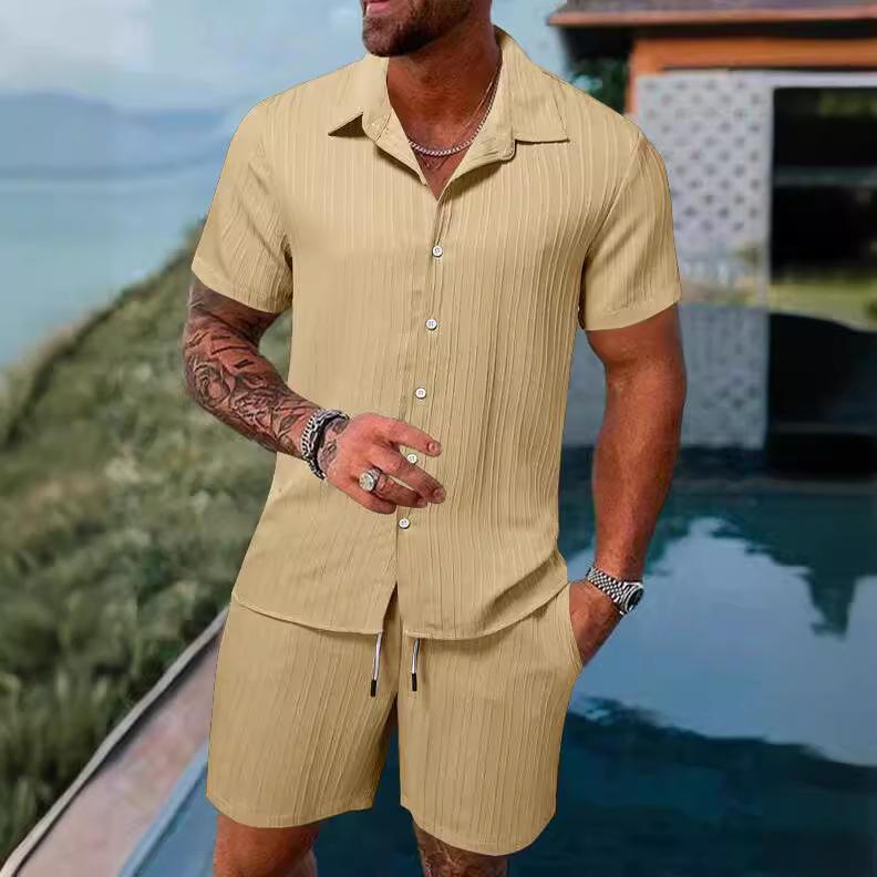 2023 Men's Casual Short-Sleeve Shirt and Shorts Beach Suit - European & American Summer Style