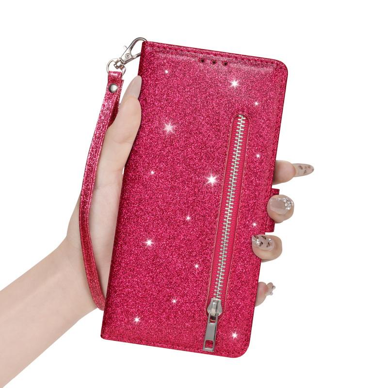 Custodia a Portafoglio Flip in Pelle con Zip Glitterata Per Samsung A57 A37 A17 A56 A36 A26 A16 A55 A35 A25 A15 A54 A34 5G S21 FE S22 S23 S24 Plus S25 Edge S26 Ultra