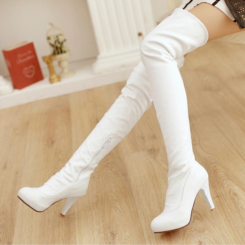 Svarte Hvite Over Kneet Lårhøye Støvletter Kvinner Vinter Festsko Tynne Hæler Elastiske Dames Lang Støvel Stor Størrelse 45 Fottøy