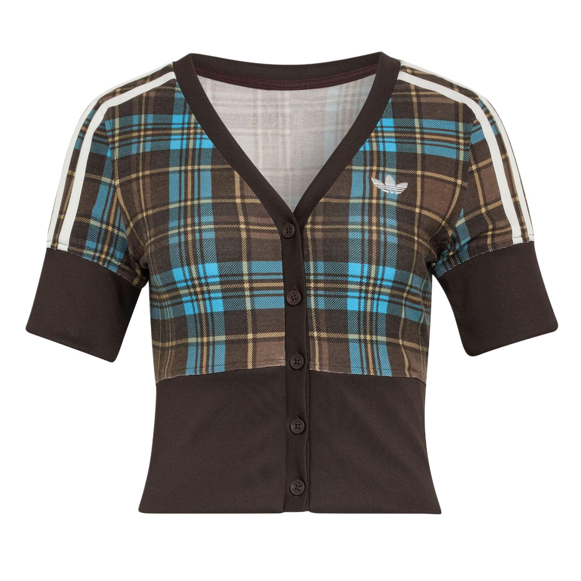 

Adidas Originals V-Neck Check Top Women Multicolor Short Sleeve Button Front Casual Jersey Top KW4548 XS