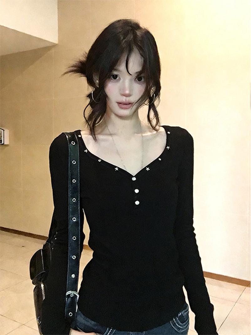 

Korean Style Women s Black V-Neck Long Sleeve Slim Fit T-Shirt - Retro, Trendy Spring Design S чёрный