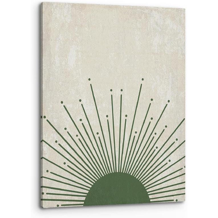 PHAMTE Abstract Boho Green Sun Wall Art, Rustic Boho Sunset Sunrise Sunshine Sun Rays Print Framed Canvas Painting Artwork for Home, Bathroom, Girls