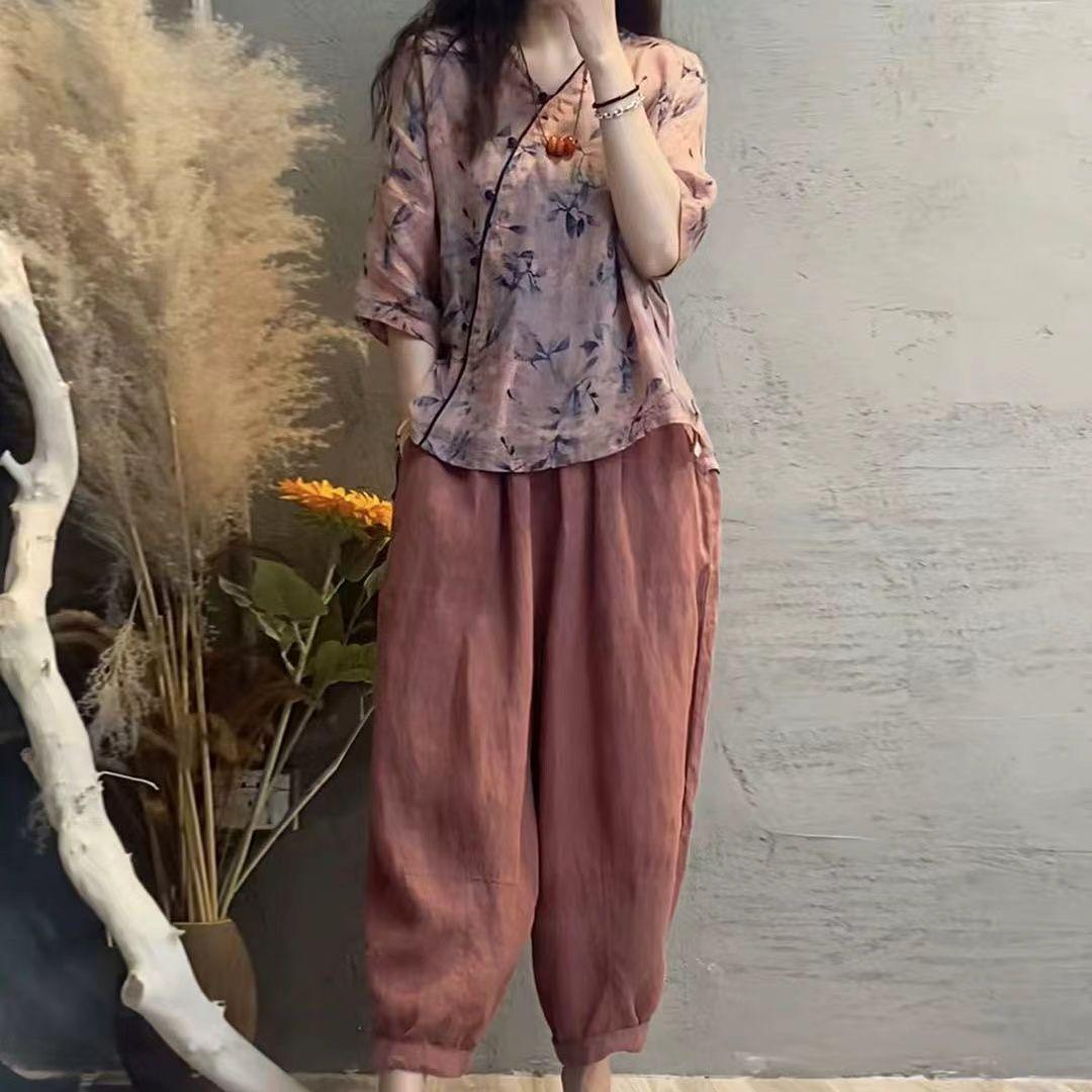 

Женский весенне-летний комплект из хлопка и льна: Топ с V-образным вырезом и зауженные брюки гаремы со свежим принтом 4X Large