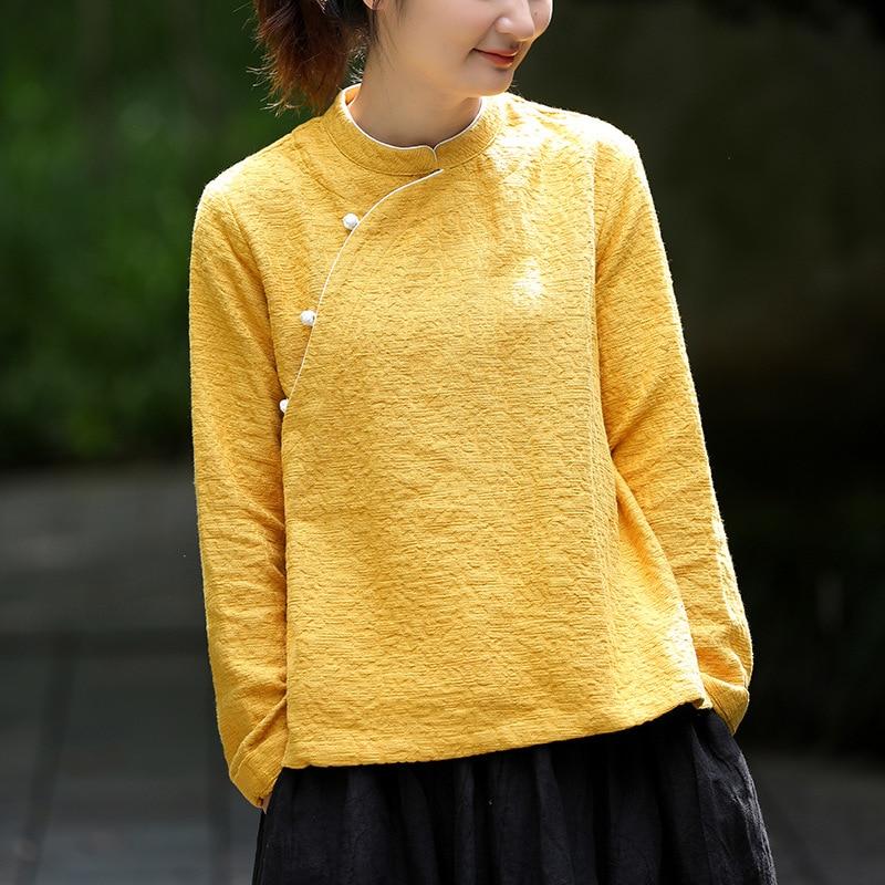 

Johnature женская толстая жаккардовая рубашка однотонная пуговица со стойкой свободные рубашки с длинными рукавами весна пуговицы удобная блузка