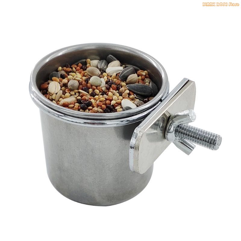 K1AE Pet Parrot Feeding Drinking Cup Stainless Steel Parrot Feeder with Clamp Holder for Cockatiel Conure Budgies Parakeet