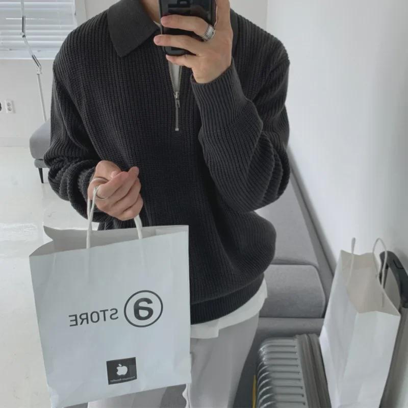 Męski sweter retro zapinany na pół zamek: Gruby, Luźny krój, Styl japoński (Kolekcja Jesień/Zima)