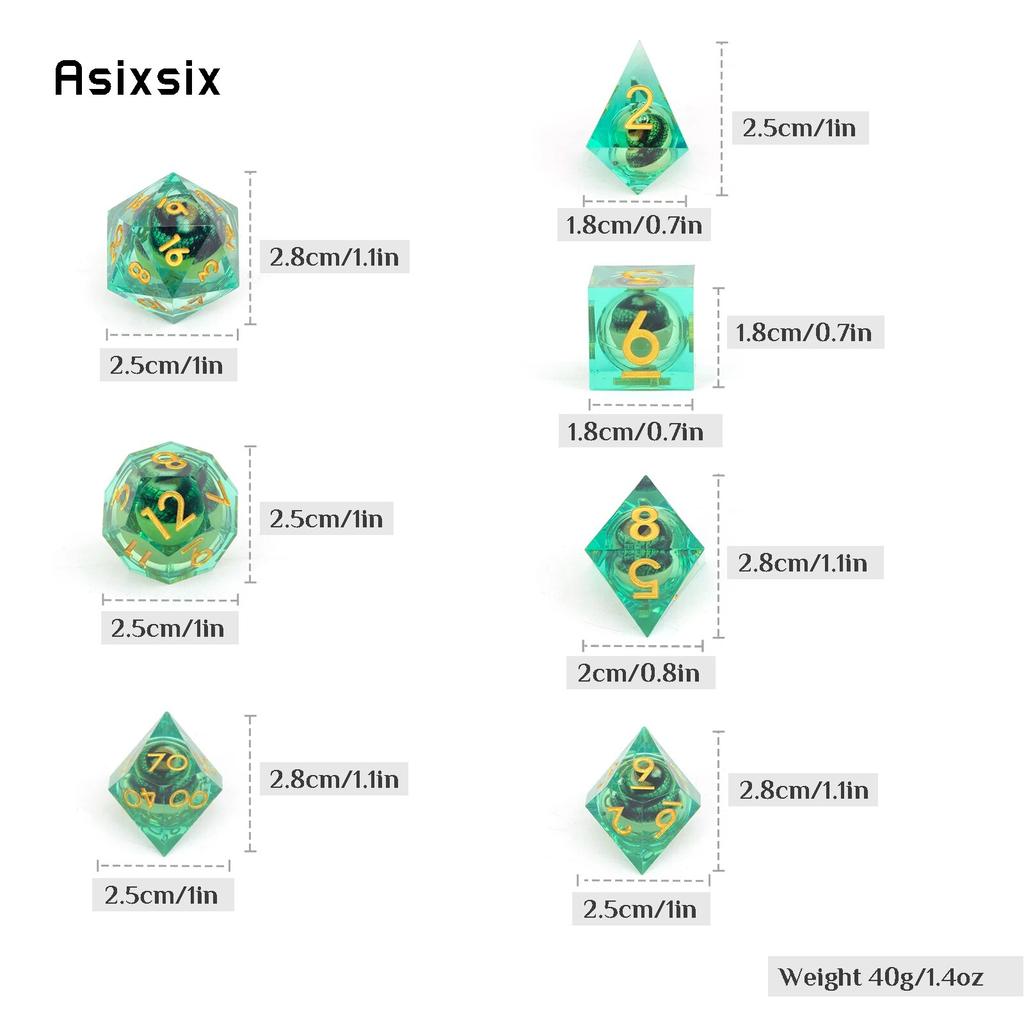 7 Pcs Green Flowing Sand Golden Number Sharp Edge Resin Dice Polyhedral Dice Suitable for Role-Playing RPG Board Game