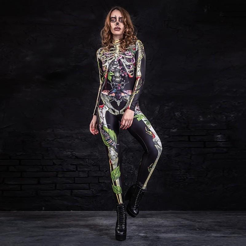 Halloween Costume Bodysuit Women Black Skeleton Design Full Body Suit Party Cosplay Stage Performance