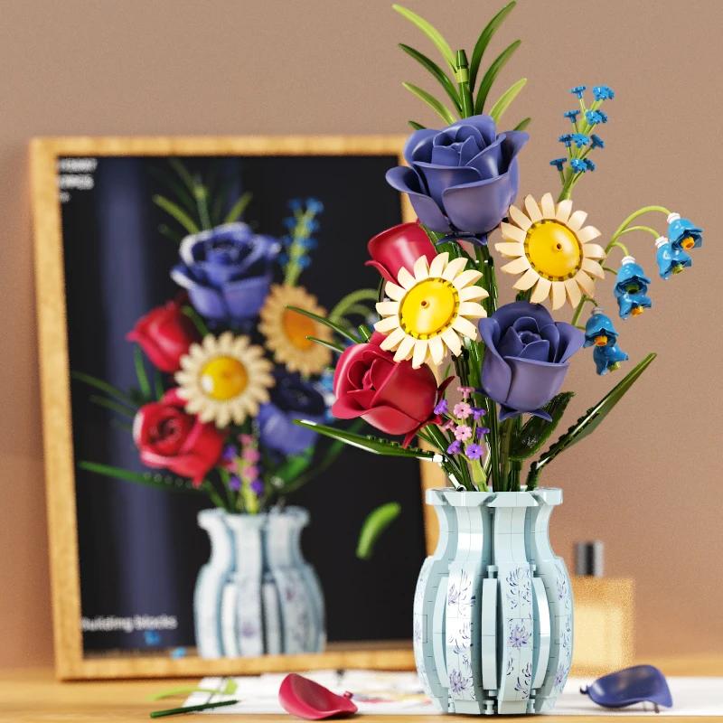 Non-Toxic Creative Puzzle Bricks Assembled Autumn Rose Flower Vase Building Block Set Children Collection Toy Children & Children 787 Pcs