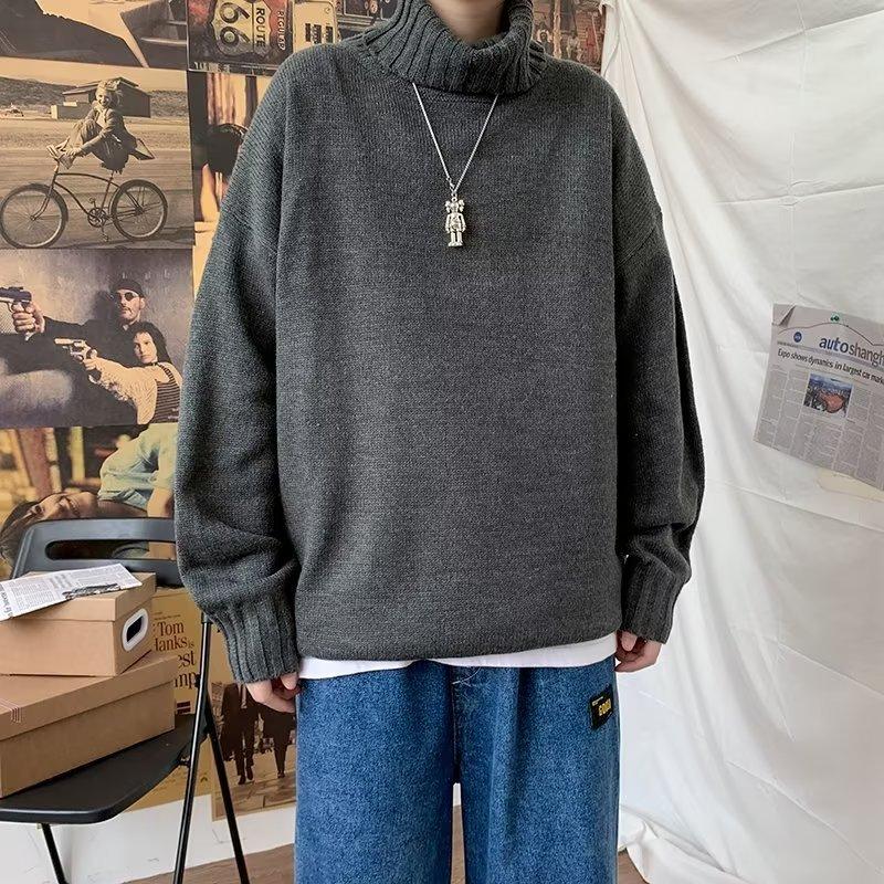 Turtleneck Sweater Men's Autumn and Winter Lazy Wind Loose Solid Color Knitted Sweater Ins Trendy Brand High Street Japanese Large Size Coat