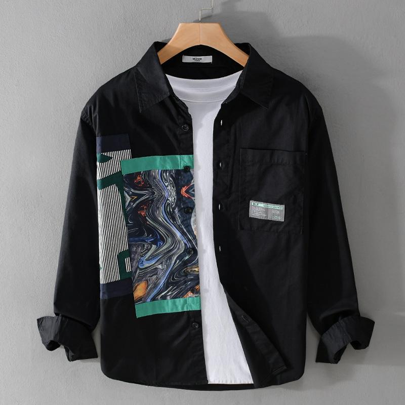 Frühling Sommer Langarm Weiße Hemden für Männer Street Style Casual Shirt Korean Fashion Stitching Printed Shirt Jugend Reine Baumwolle Lose Top