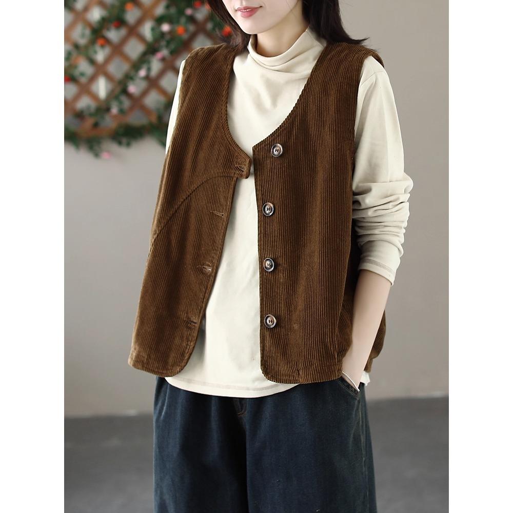 Dimanaf 2025 New Corduroy Jacket Vest Autumn Short Sleeveless Retro Coat Buttons Women Solid
