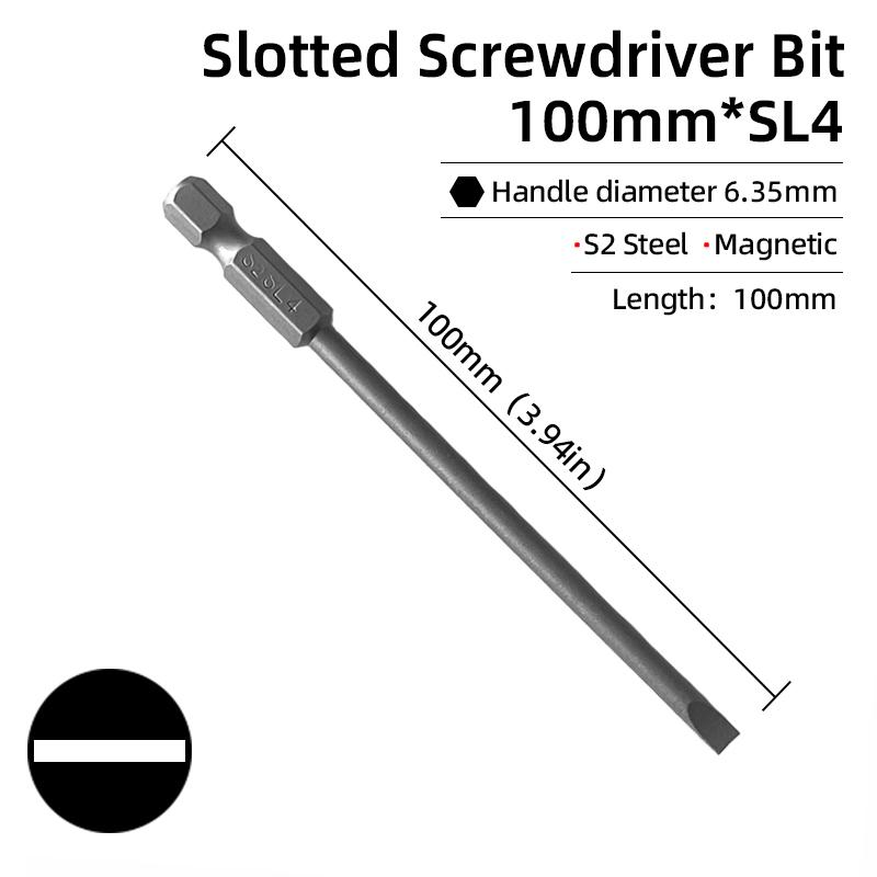 50/100mm 2.0-6.0mm Flat Head Screwdriver Bits Set Magnetic Tip Slotted Screwdriver Drill 1/4 Inch Hex Shank Hand/Electric Tools