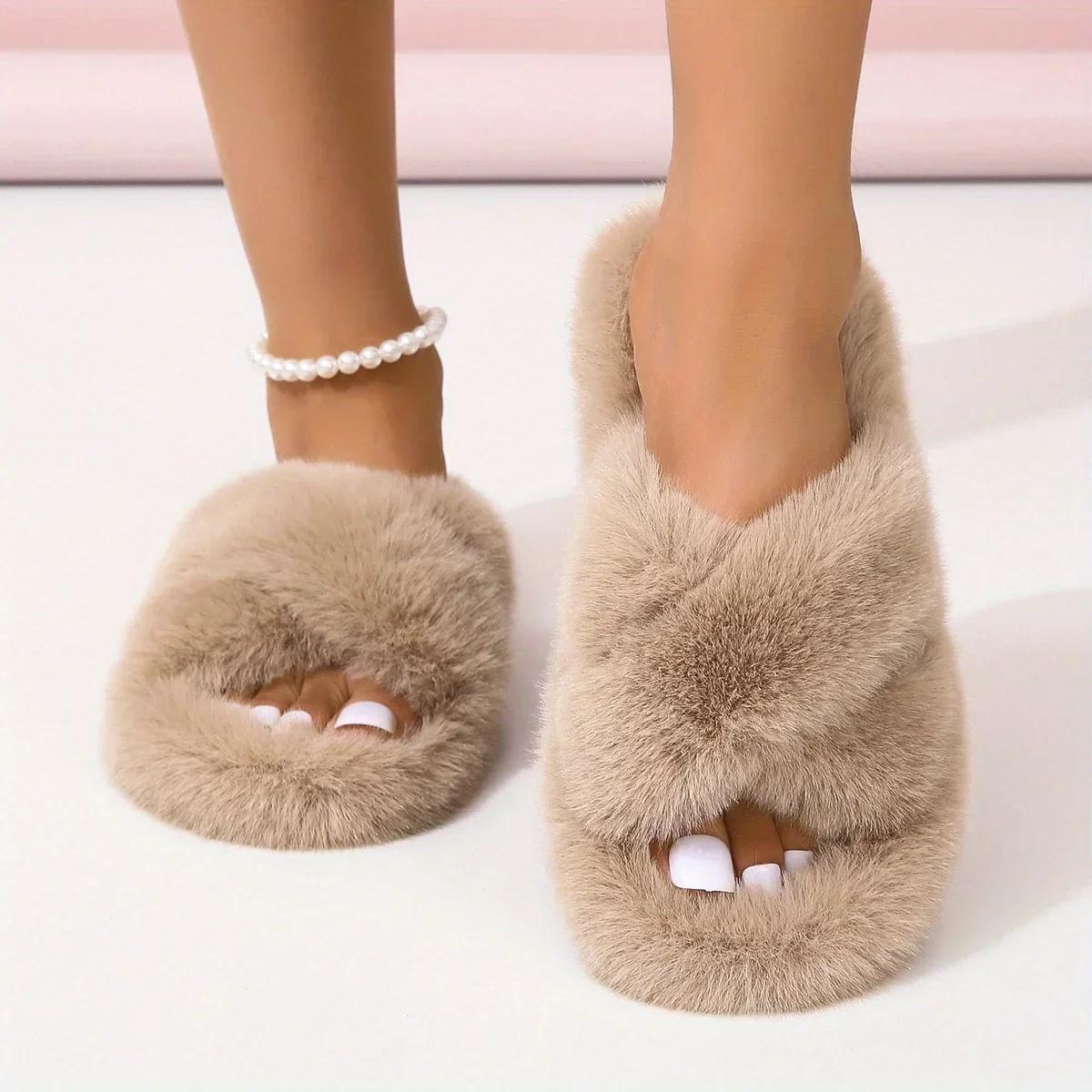 

2024 Пушистые мохнатые тапочки с перекрестными полосками, уютные открытые носки, плоские плюшевые домашние туфли, удобные теплые домашние тапочки, зимние женские сандалии 36 хаки